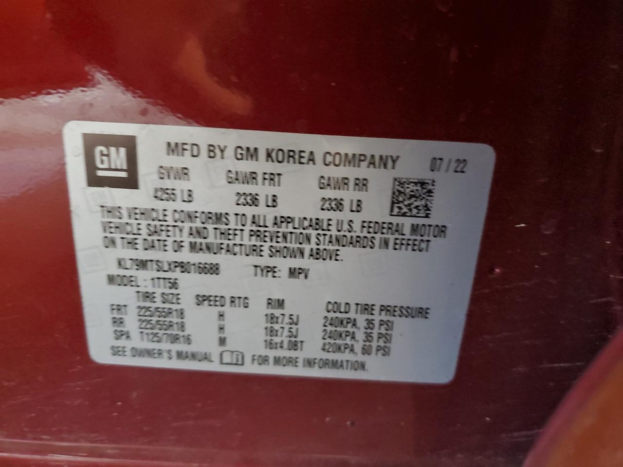 2023 CHEVROLET TRAILBLAZER RS VIN:KL79MTSLXPB016688