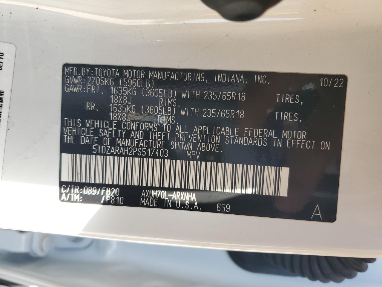 2023 TOYOTA HIGHLANDER HYBRID LE VIN:5TDZARAH2PS517403