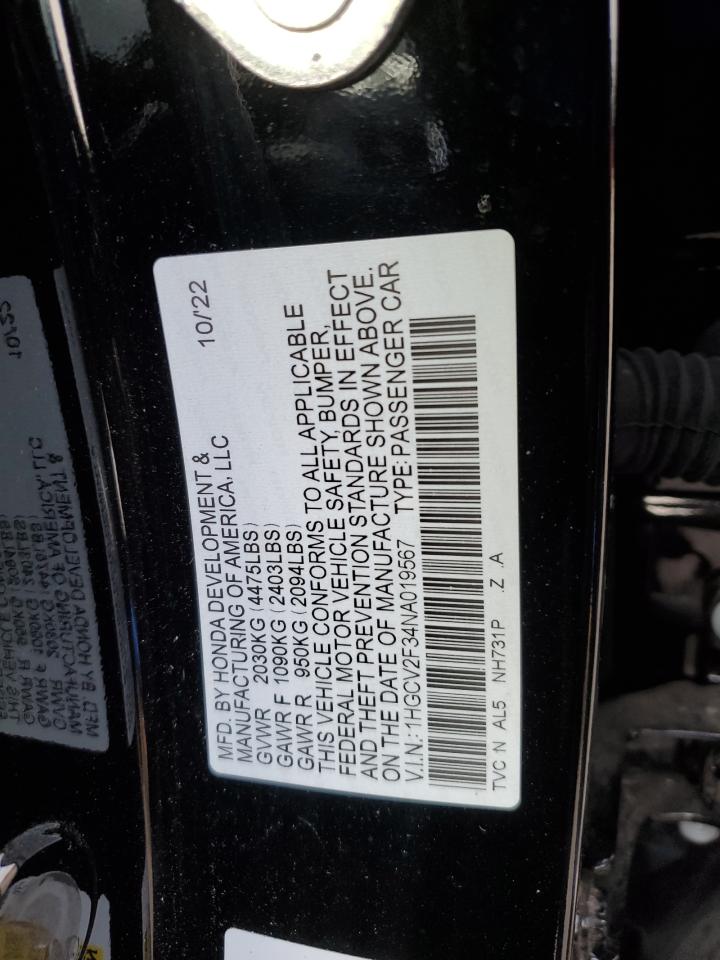 2022 HONDA ACCORD SPORT VIN:1HGCV2F34NA019567