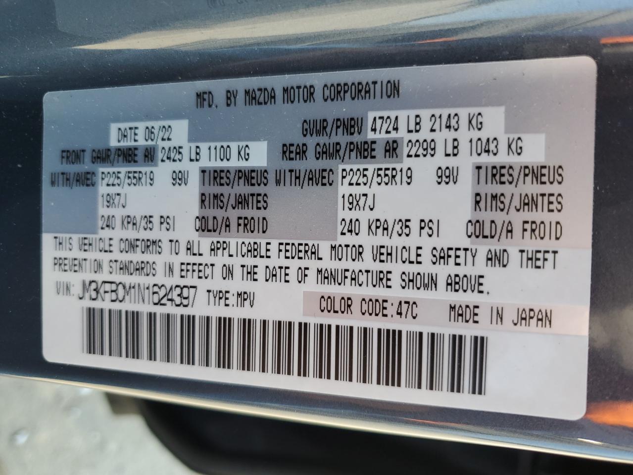 2022 MAZDA CX-5 PREFERRED VIN:JM3KFBCM1N1624397