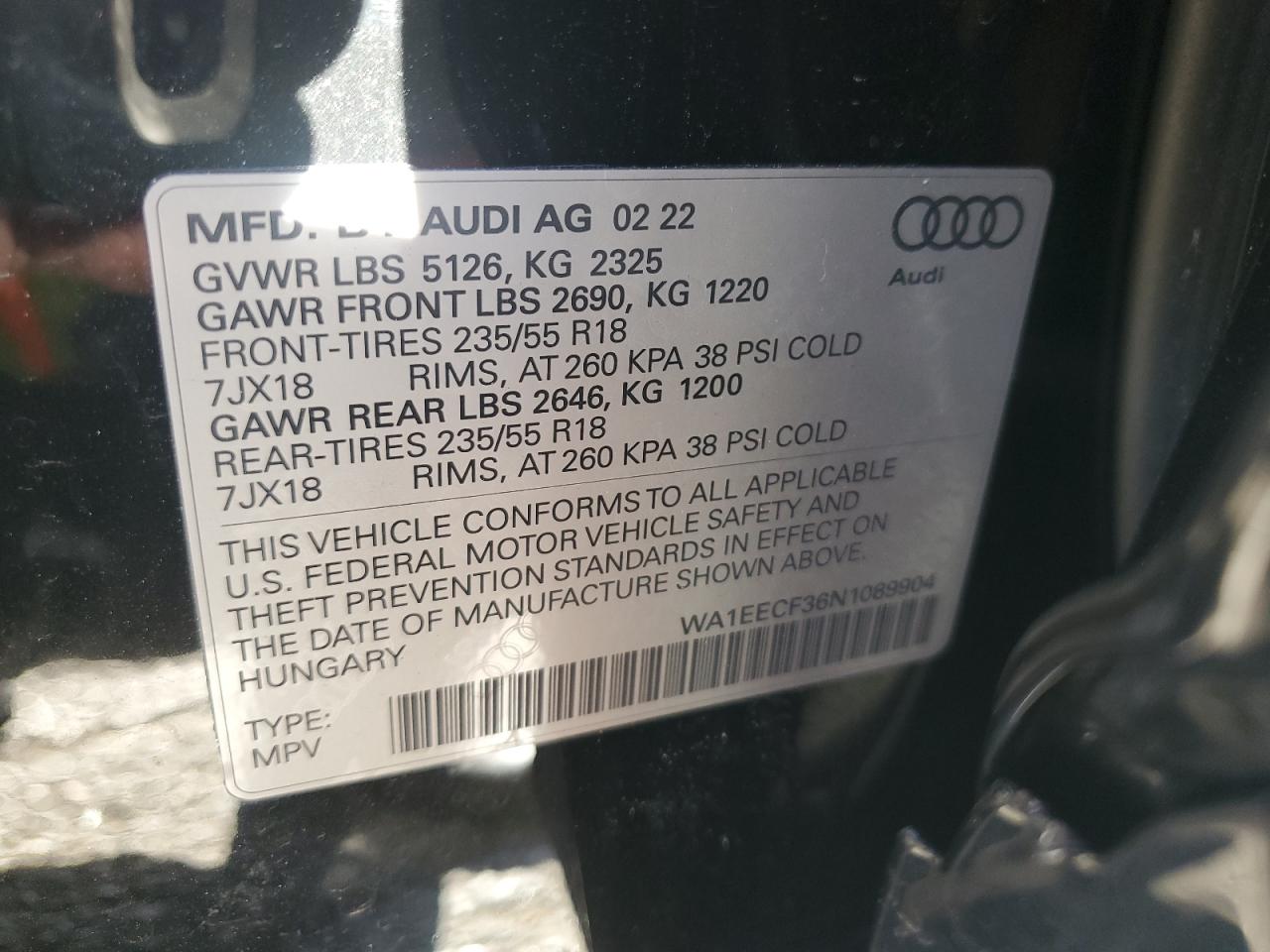 2022 AUDI Q3 PREMIUM PLUS S LINE 45 VIN:JTDKN3DU6D5559120