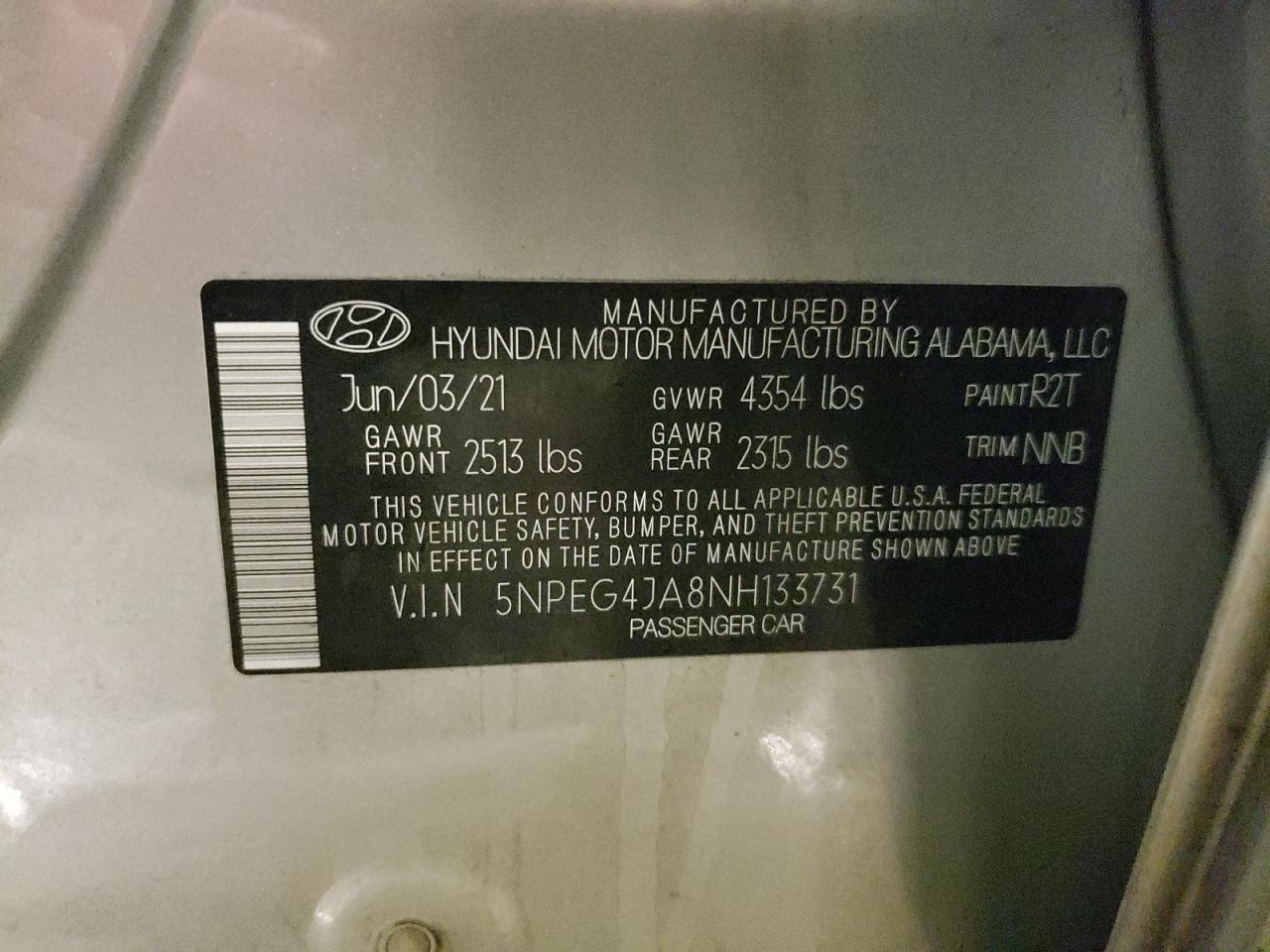 2022 HYUNDAI SONATA SE VIN:5NPEG4JA8NH133731