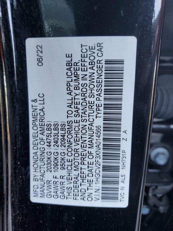 2022 HONDA ACCORD SPORT VIN:1HGCV2F3XNA014566