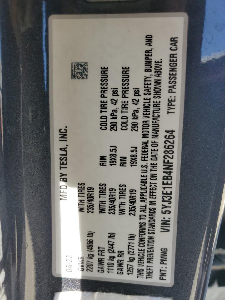 2022 TESLA MODEL 3  VIN:5YJ3E1EB4NF286264
