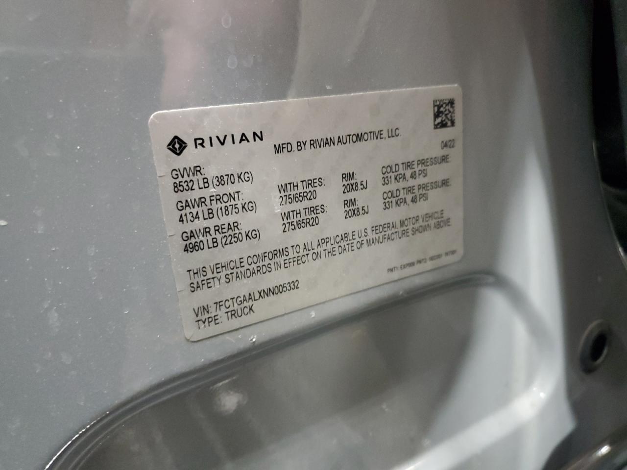 2022 RIVIAN R1T LAUNCH EDITION VIN:7FCTGAALXNN005332