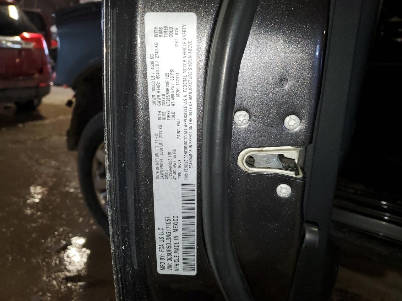 2022 RAM 2500 BIG HORN/LONE STAR VIN:3C6UR5DL3NG171067