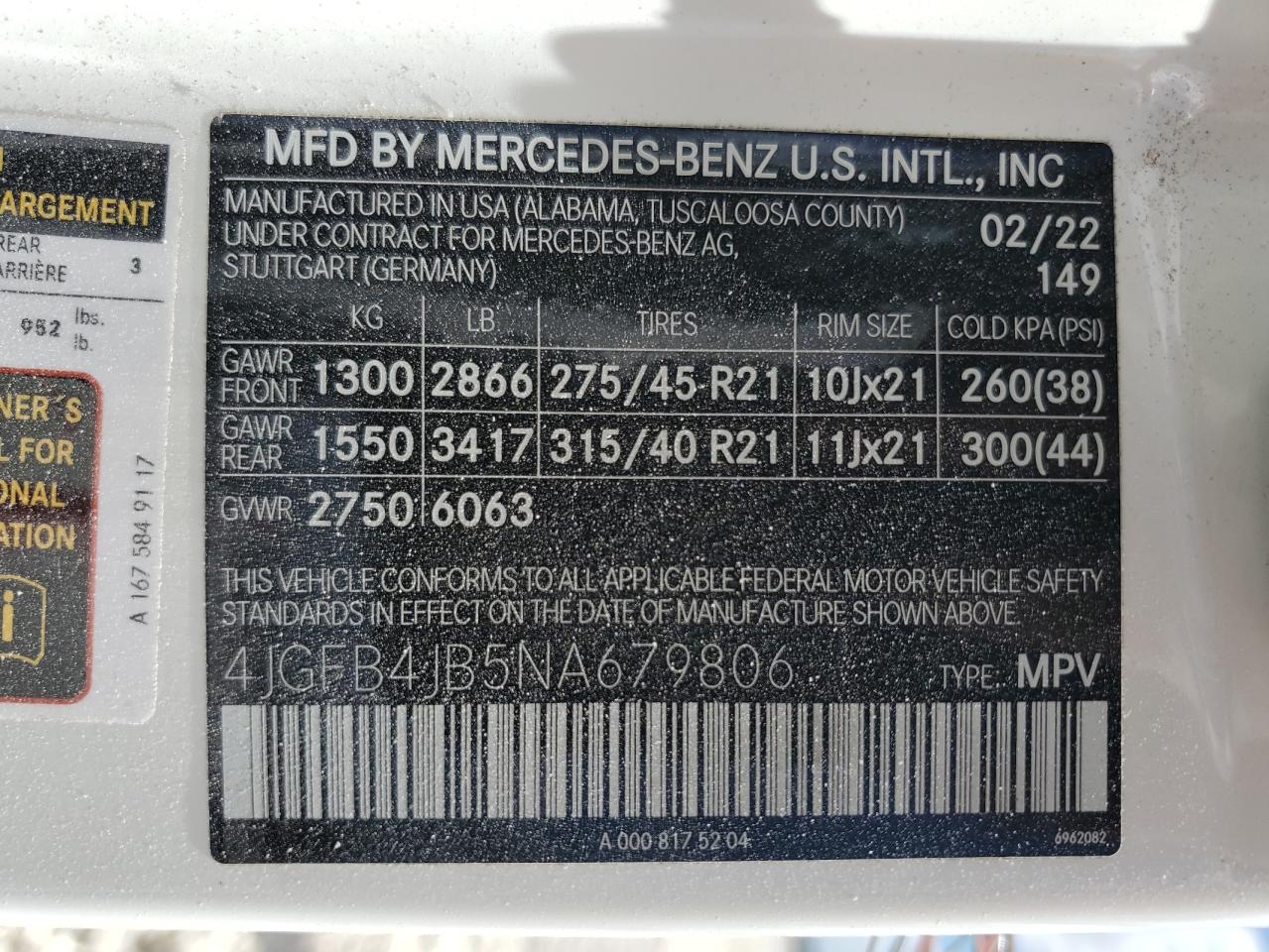 2022 MERCEDES-BENZ GLE 350 VIN:4JGFB4JB5NA679806