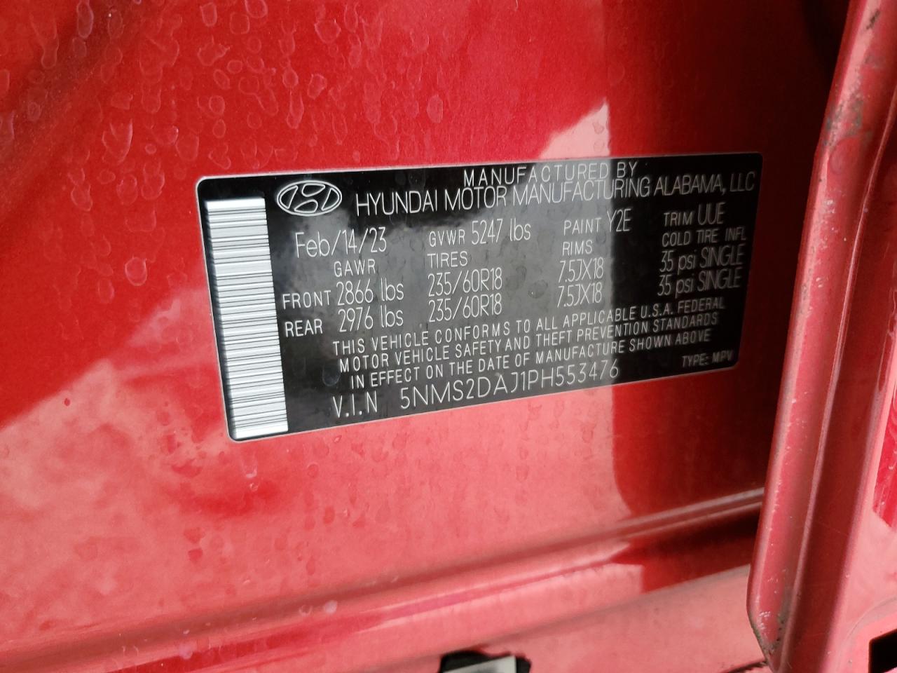 2023 HYUNDAI SANTA FE SEL VIN:5NMS2DAJ1PH553476