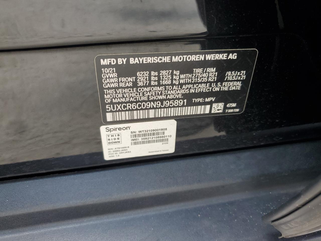 2022 BMW X5 XDRIVE40I VIN:5UXCR6C09N9J95891