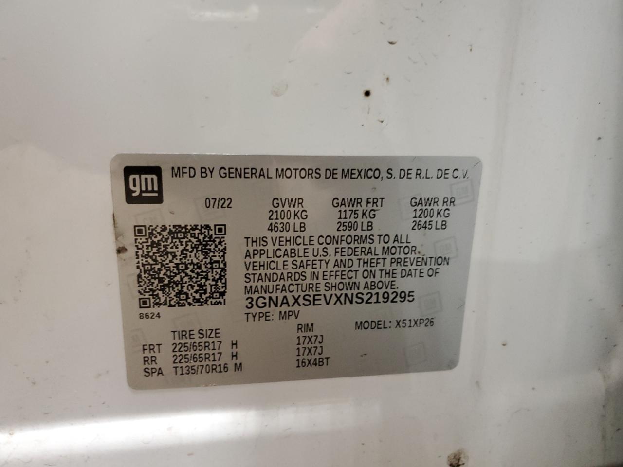 2022 CHEVROLET EQUINOX LS VIN:3GNAXSEVXNS219295