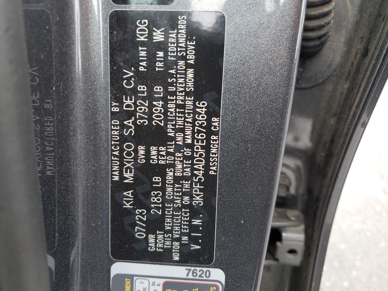 2023 KIA FORTE GT LINE VIN:3KPF54AD5PE673646