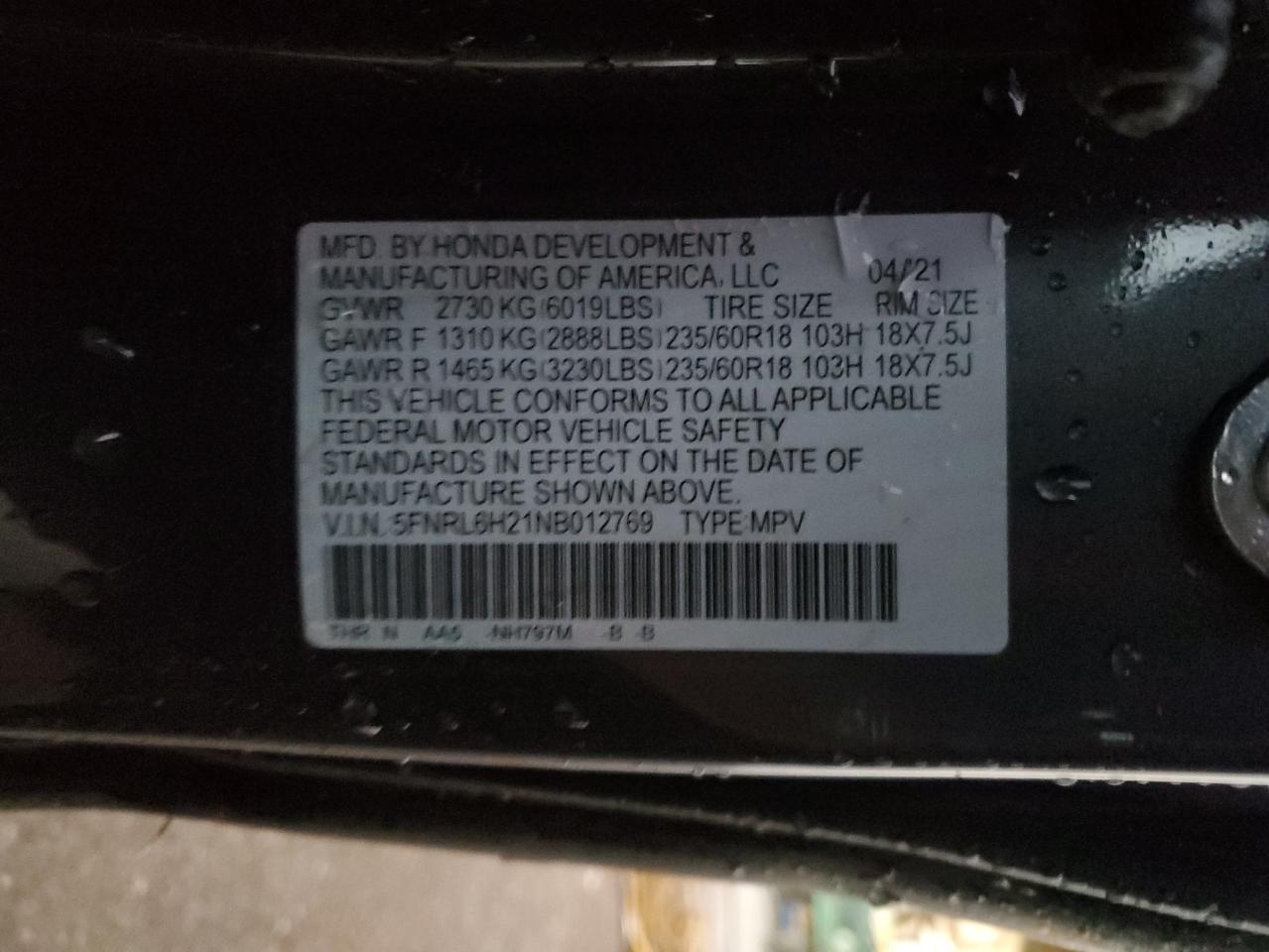 2022 HONDA ODYSSEY LX VIN:5FNRL6H21NB012769