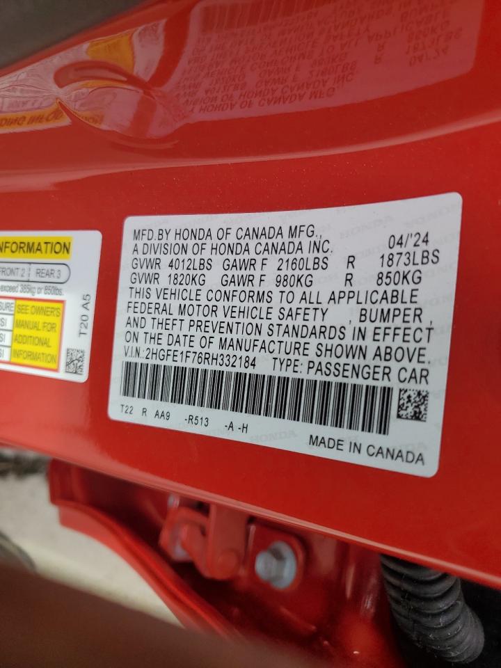 2024 HONDA CIVIC EX VIN:2HGFE1F76RH332184