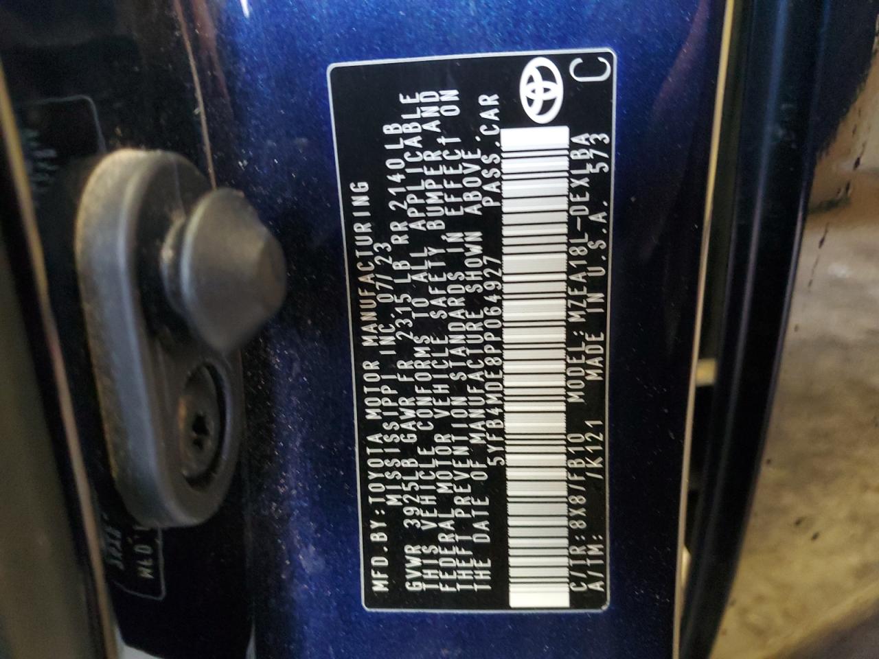 2023 TOYOTA COROLLA LE VIN:5YFB4MDE8PP064927