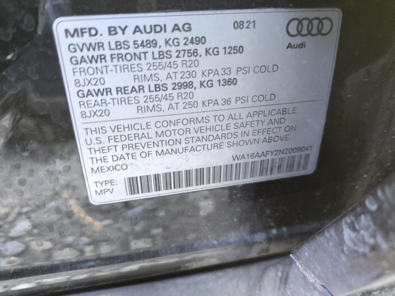 2022 AUDI Q5 SPORTBACK PRESTIGE 45 VIN:WA16AAFY2N2009041