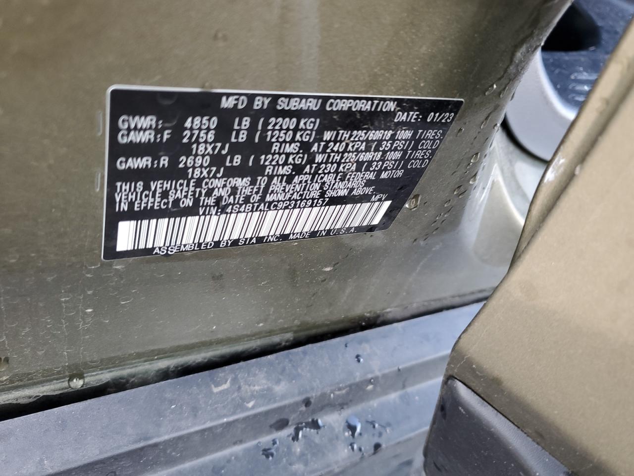 2023 SUBARU OUTBACK ONYX EDITION VIN:4S4BTALC9P3169157