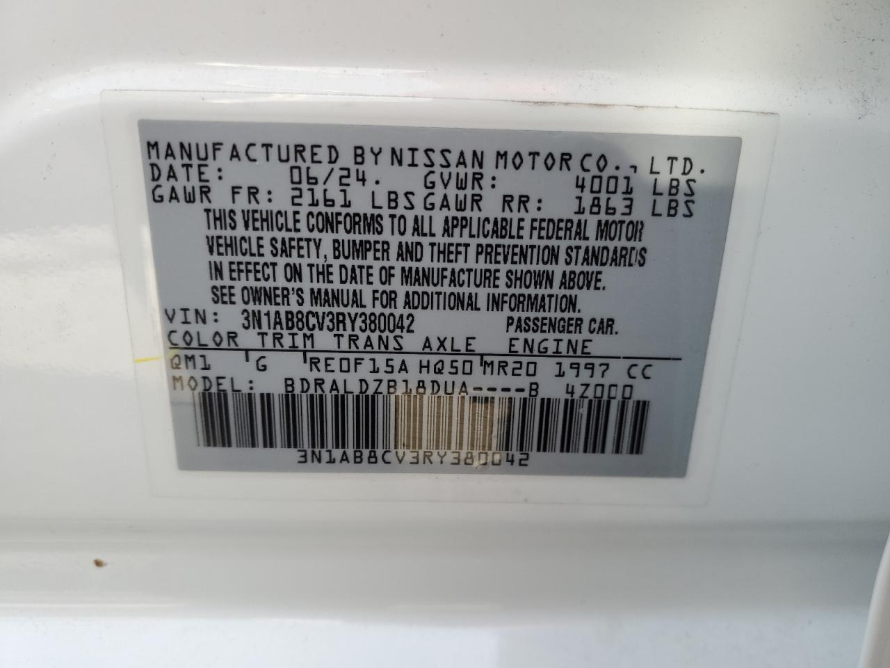 2024 NISSAN SENTRA SV VIN:3N1AB8CV3RY380042