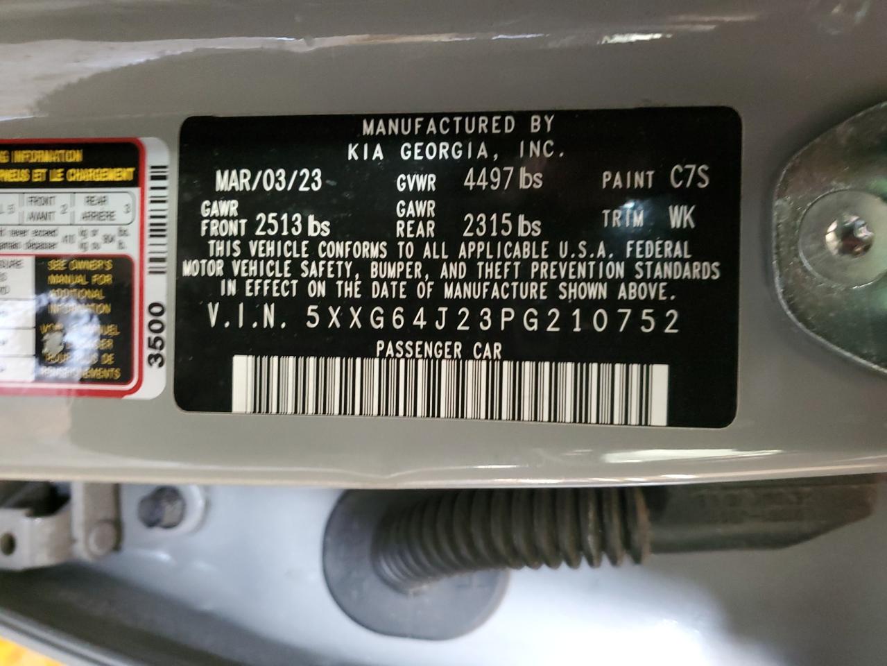 2023 KIA K5 GT LINE VIN:5XXG64J23PG210752