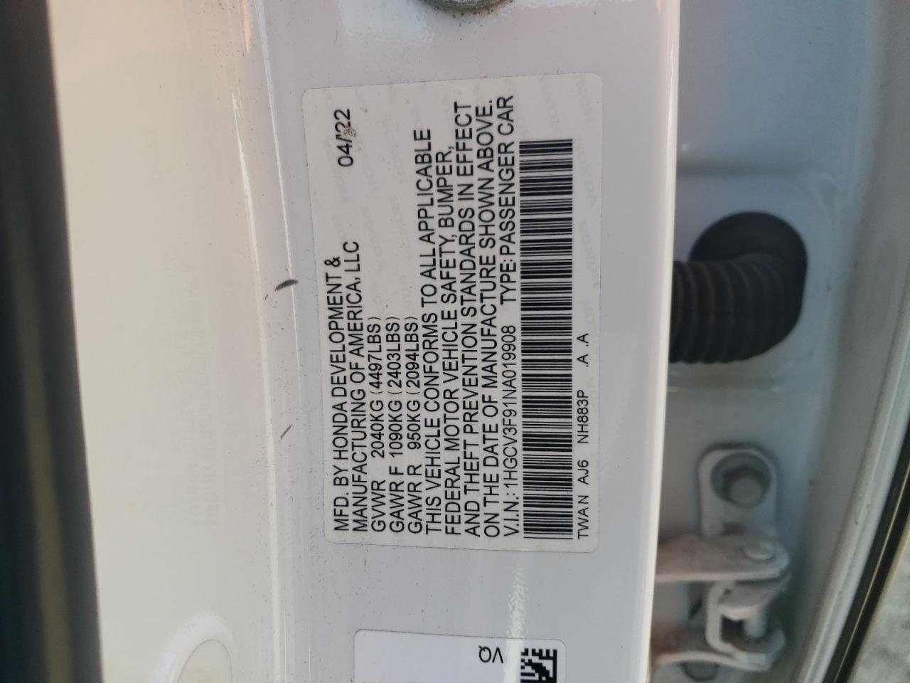 2022 HONDA ACCORD TOURING HYBRID VIN:1HGCV3F91NA019908