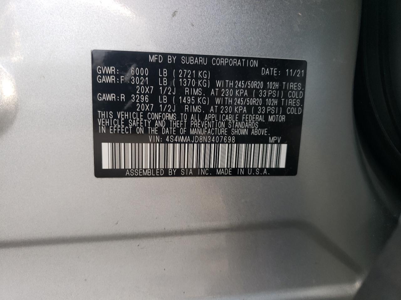 2022 SUBARU ASCENT ONYX EDITION VIN:4S4WMAJD8N3407698