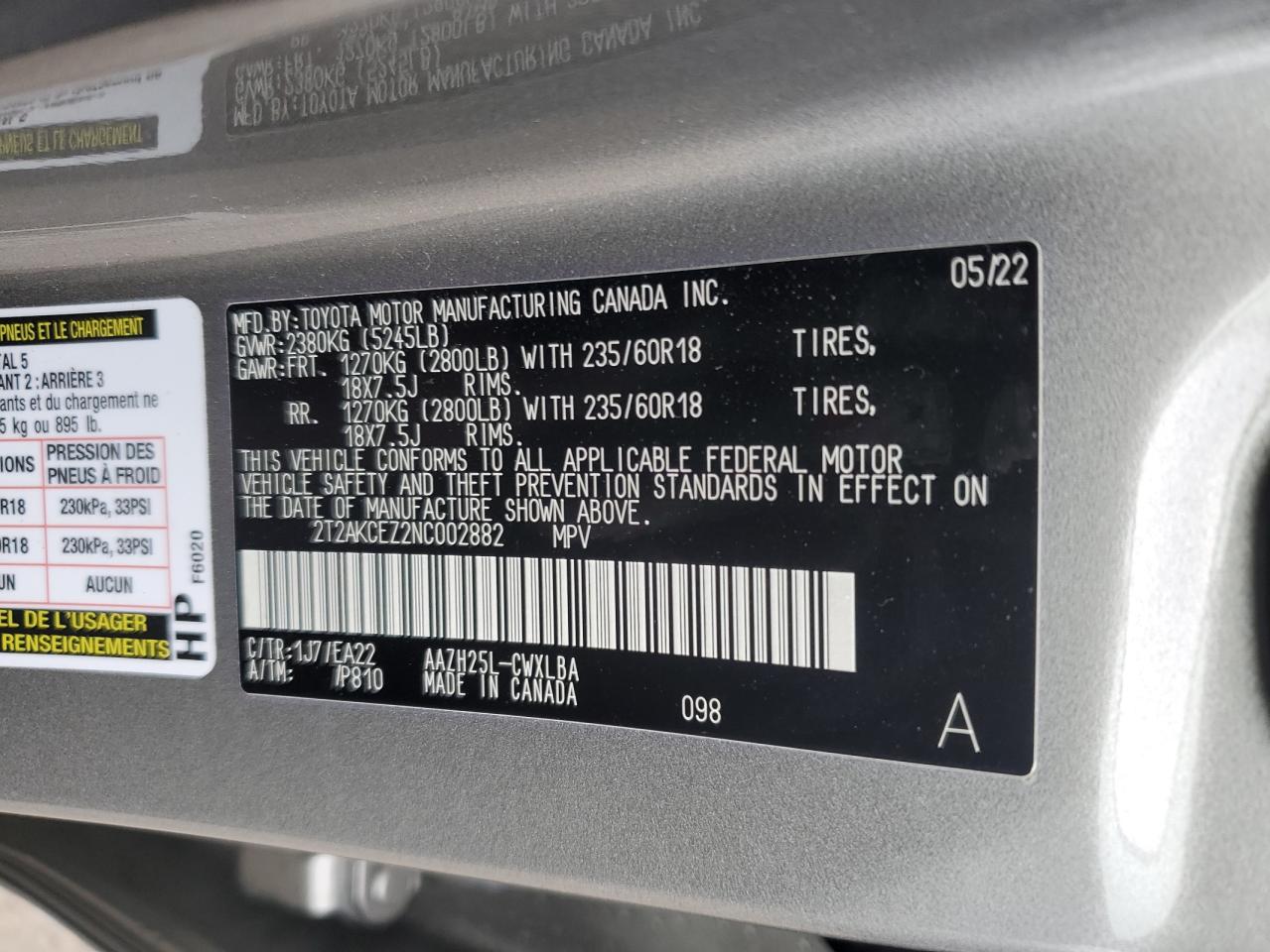 2022 LEXUS NX 350H VIN:2T2AKCEZ2NC002882
