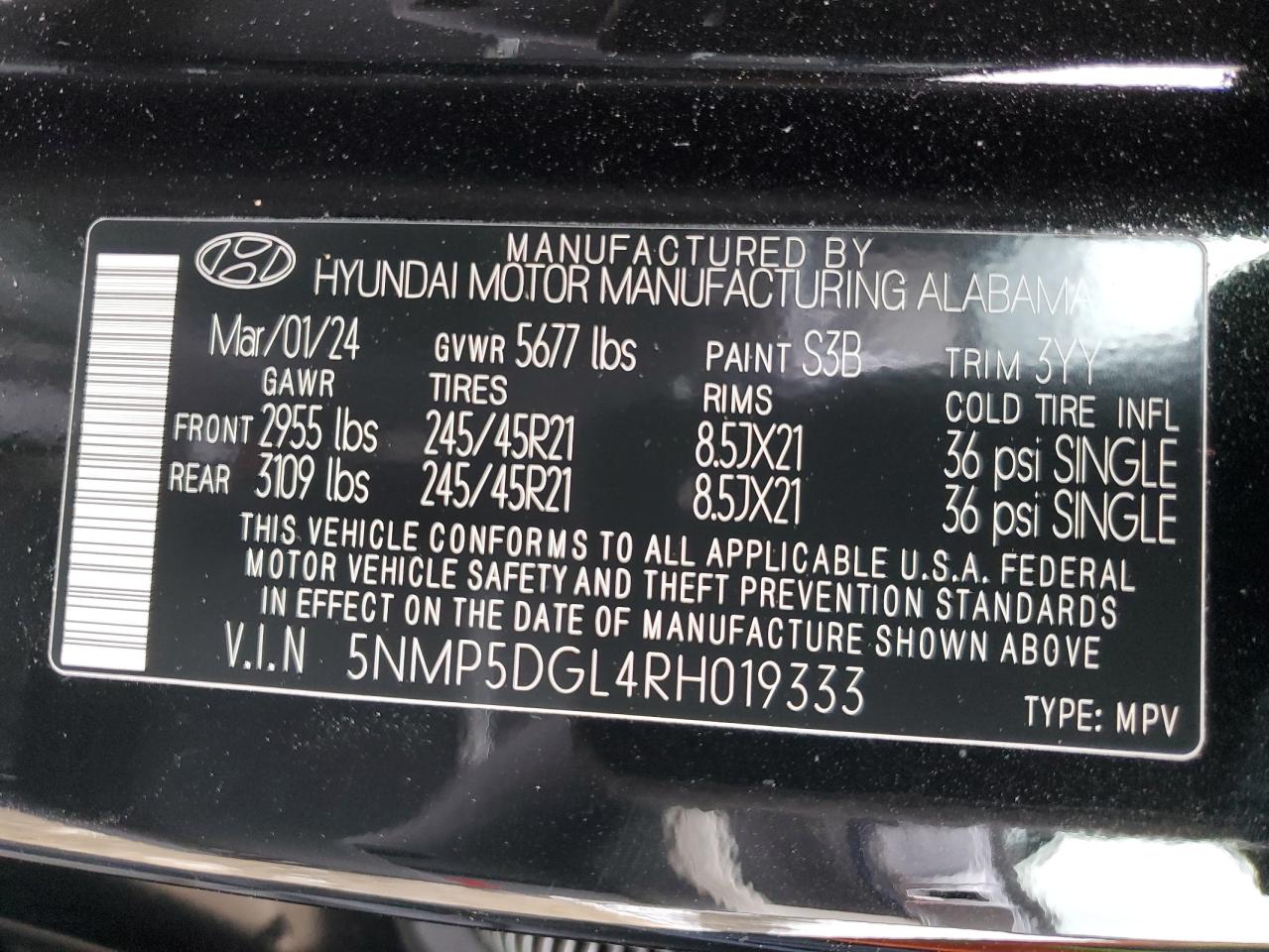 2024 HYUNDAI SANTA FE CALLIGRAPHY VIN:5NMP5DGL4RH019333