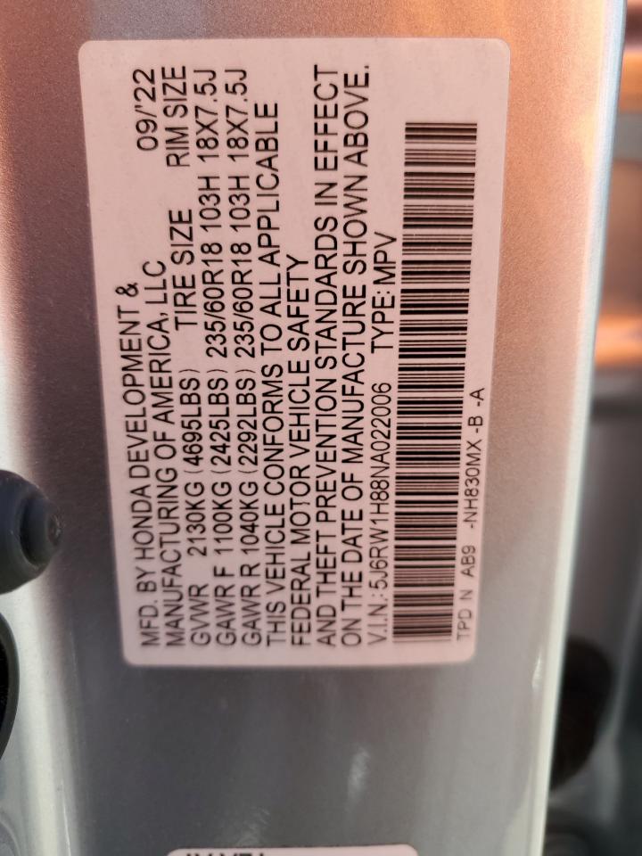 2022 HONDA CR-V EXL VIN:5J6RW1H88NA022006