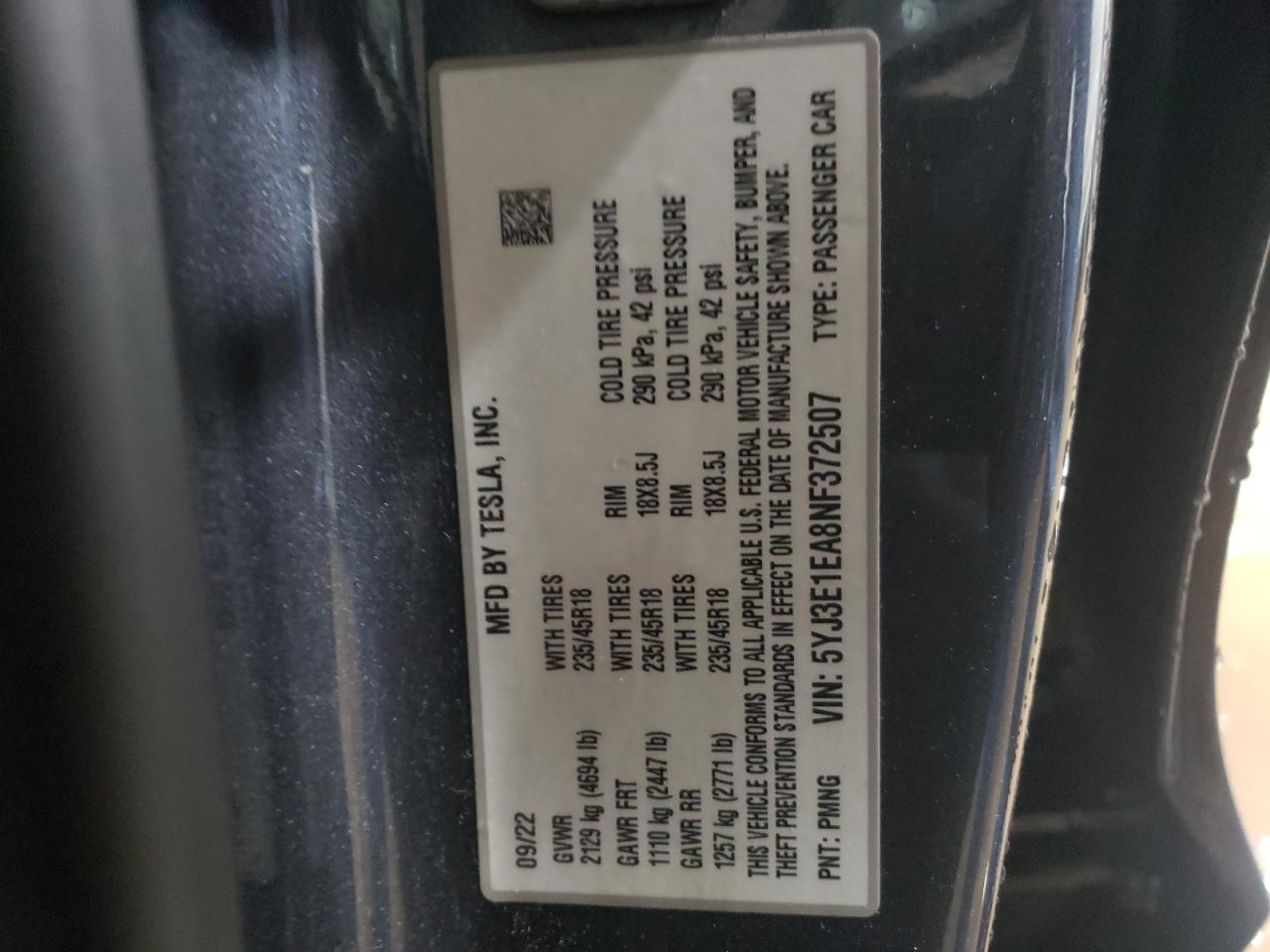 2022 TESLA MODEL 3  VIN:5YJ3E1EA8NF372507