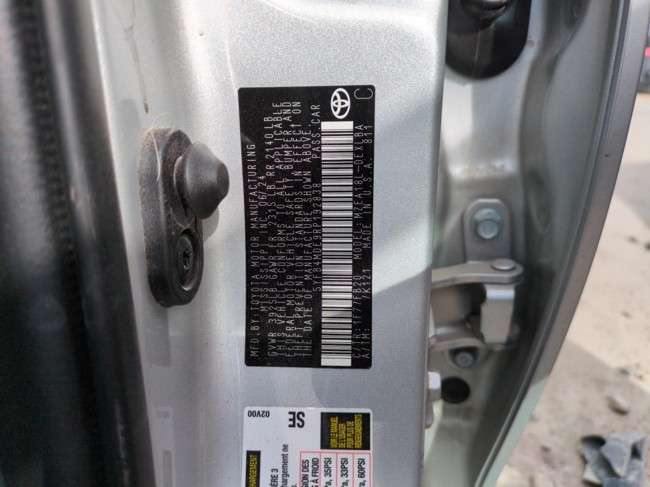 2024 TOYOTA COROLLA LE VIN:5YFB4MDE9RP192838