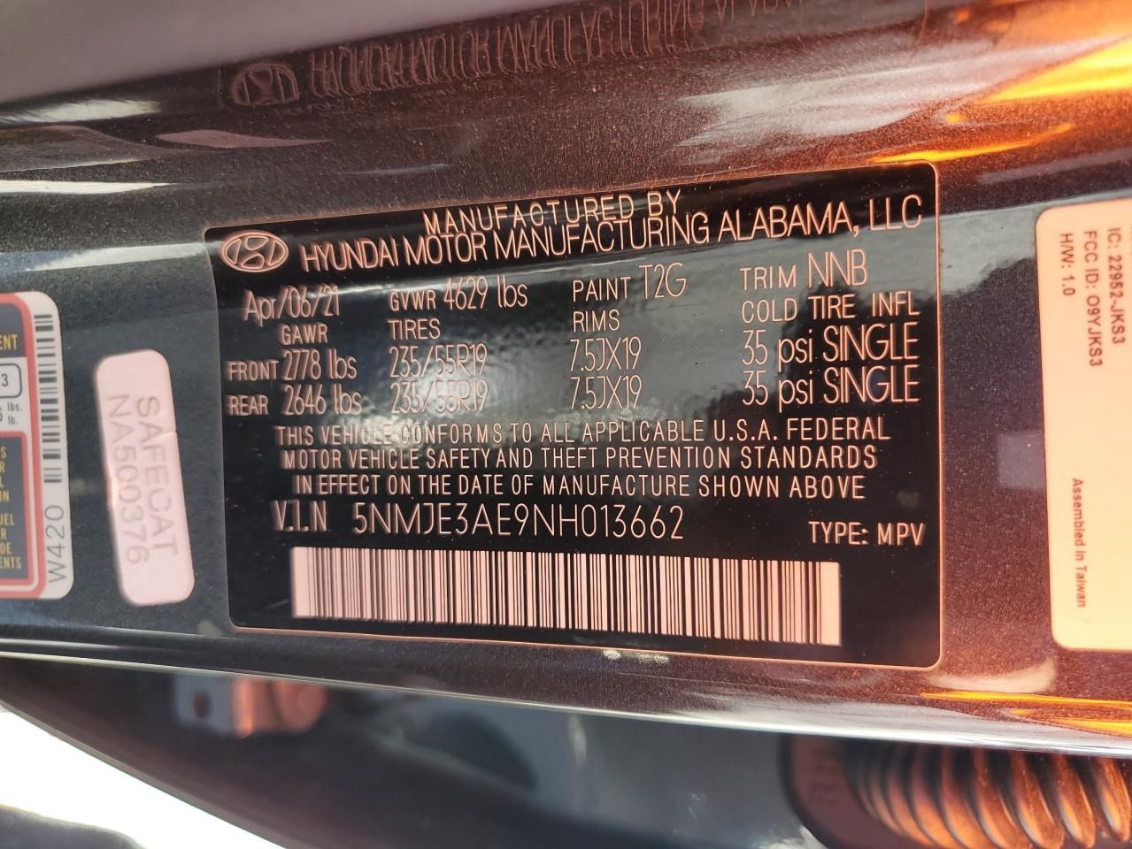 2022 HYUNDAI TUCSON LIMITED VIN:5NMJE3AE9NH013662