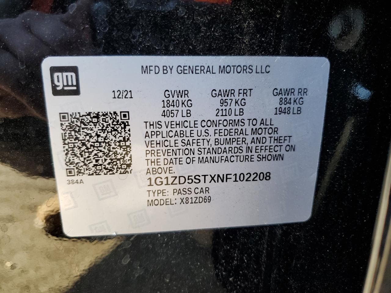 2022 CHEVROLET MALIBU LT VIN:1G1ZD5STXNF102208