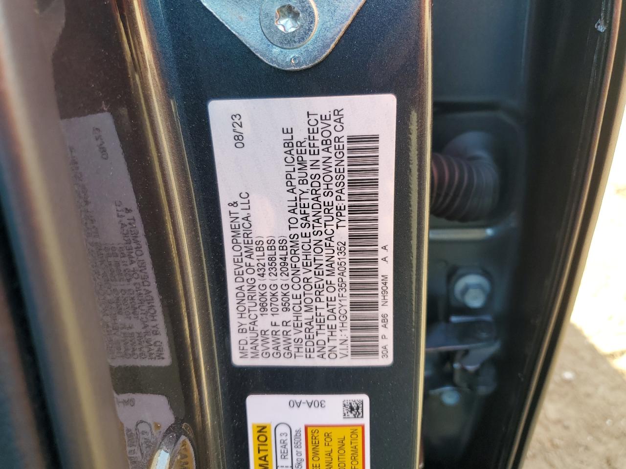 2023 HONDA ACCORD EX VIN:1HGCY1F35PA051352