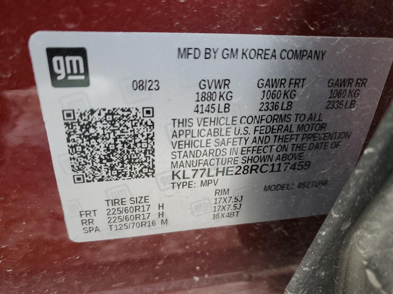 2024 CHEVROLET TRAX 1LT VIN:KL77LHE28RC117459