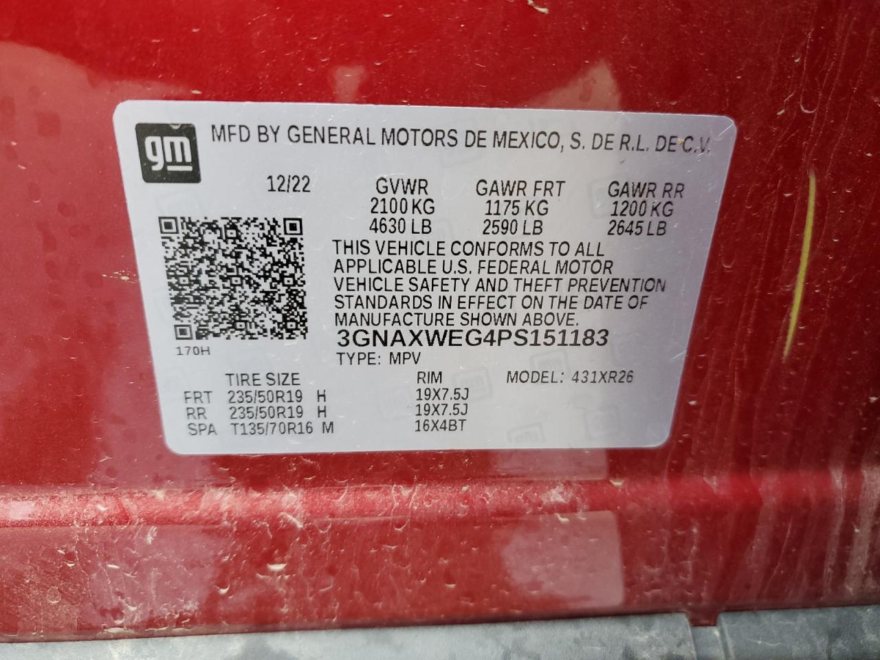 2023 CHEVROLET EQUINOX RS VIN:3GNAXWEG4PS151183