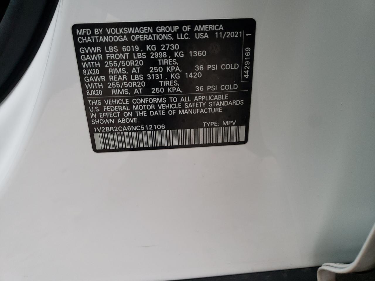 2022 VOLKSWAGEN ATLAS SEL VIN:1V2BR2CA6NC512106