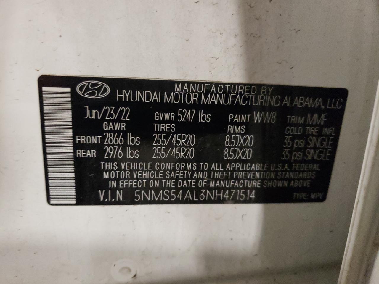 2022 HYUNDAI SANTA FE CALLIGRAPHY VIN:5NMS54AL3NH471514