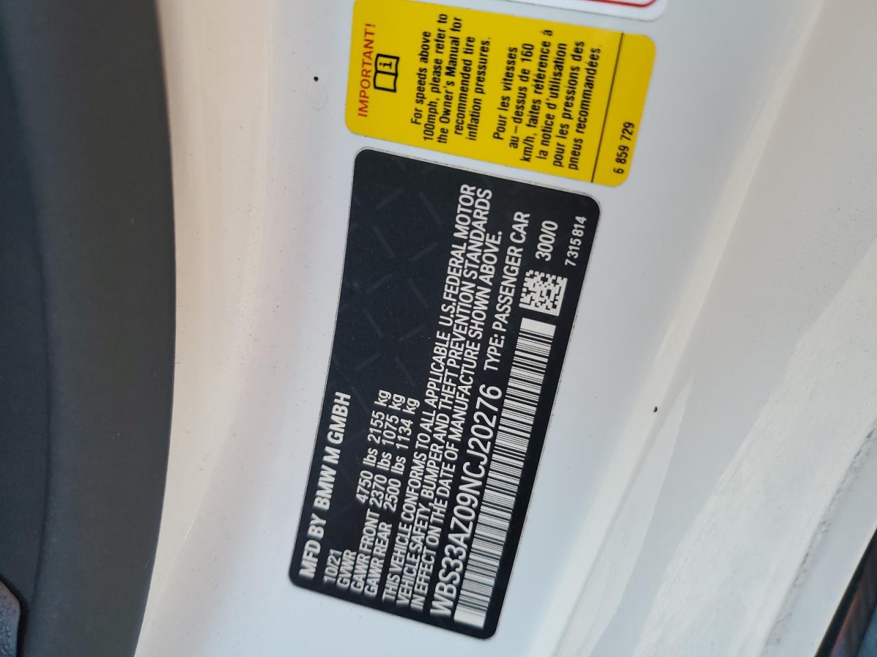 2022 BMW M4 COMPETITION VIN:WBS33AZ09NCJ20276