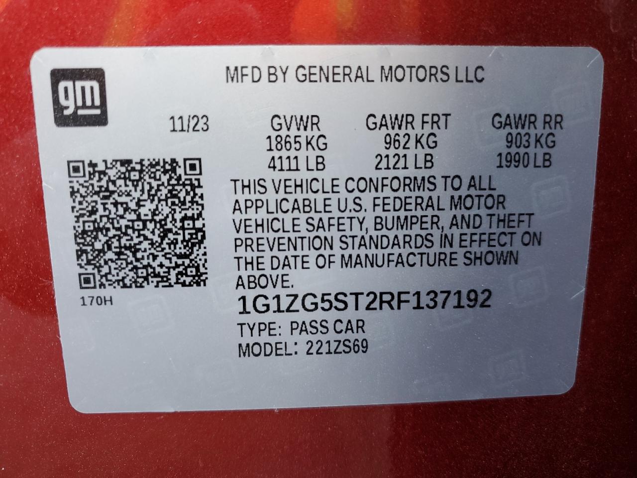 2024 CHEVROLET MALIBU RS VIN:1G1ZG5ST2RF137192