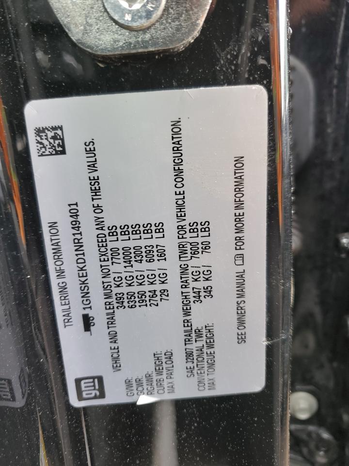 2022 CHEVROLET SUBURBAN K1500 RST VIN:1GNSKEKD1NR149401