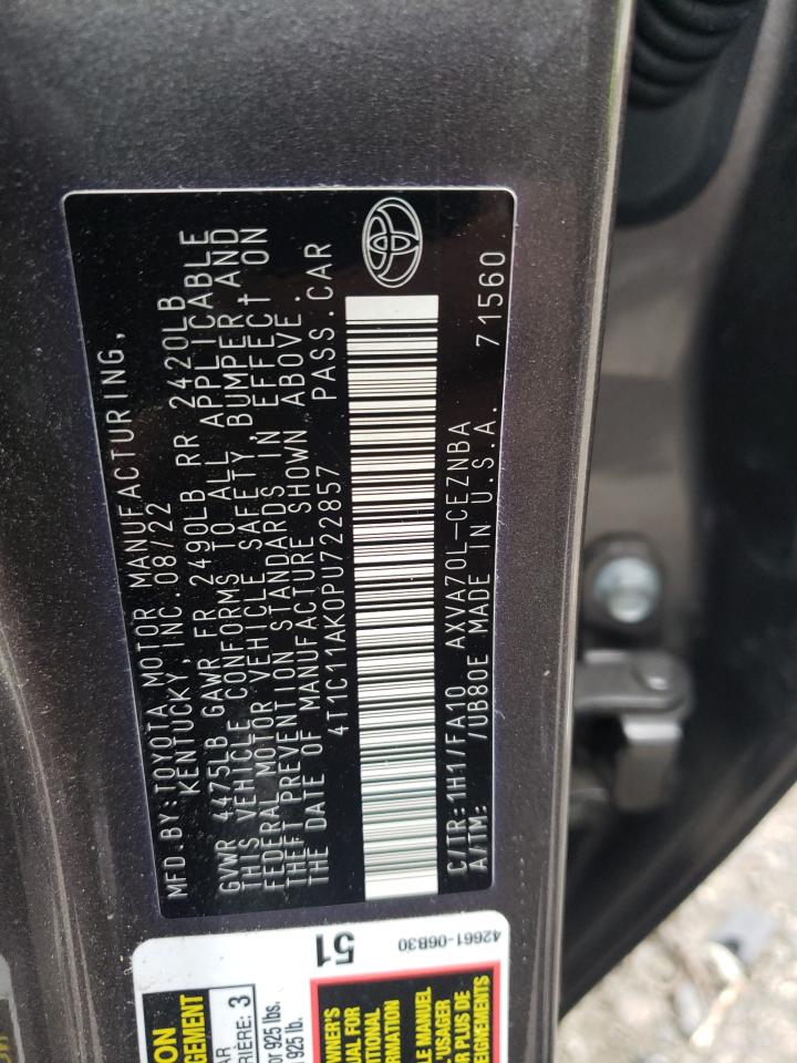 2023 TOYOTA CAMRY LE VIN:4T1C11AK0PU722857