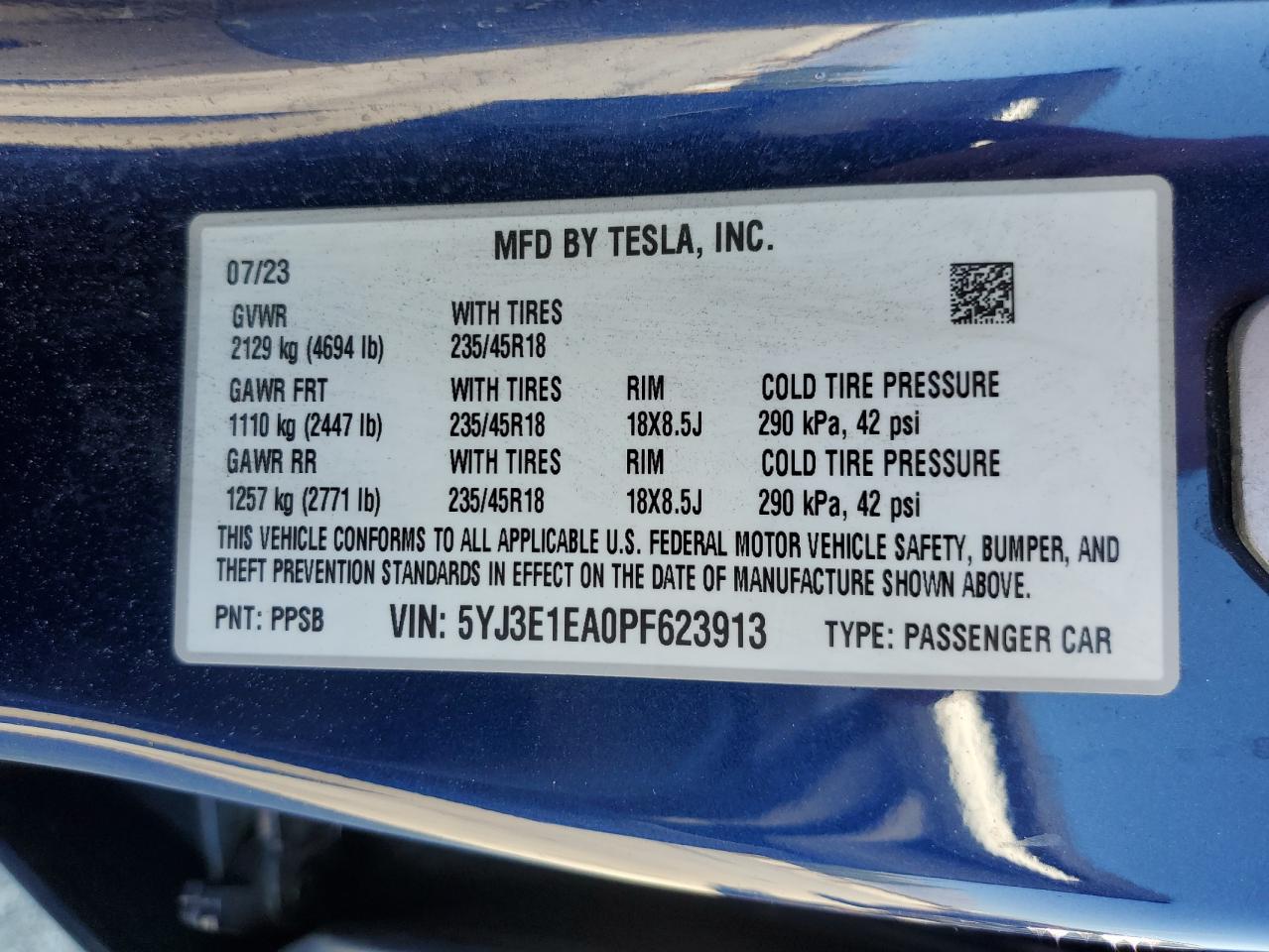 2023 TESLA MODEL 3  VIN:5YJ3E1EA0PF623913