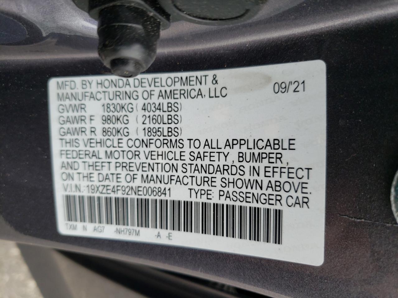 2022 HONDA INSIGHT TOURING VIN:19XZE4F92NE006841