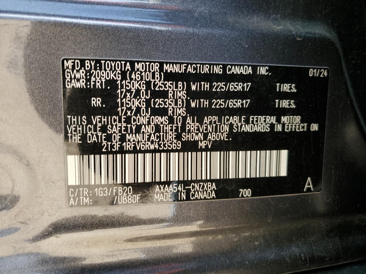 2024 TOYOTA RAV4 LE VIN:2T3F1RFV6RW433569