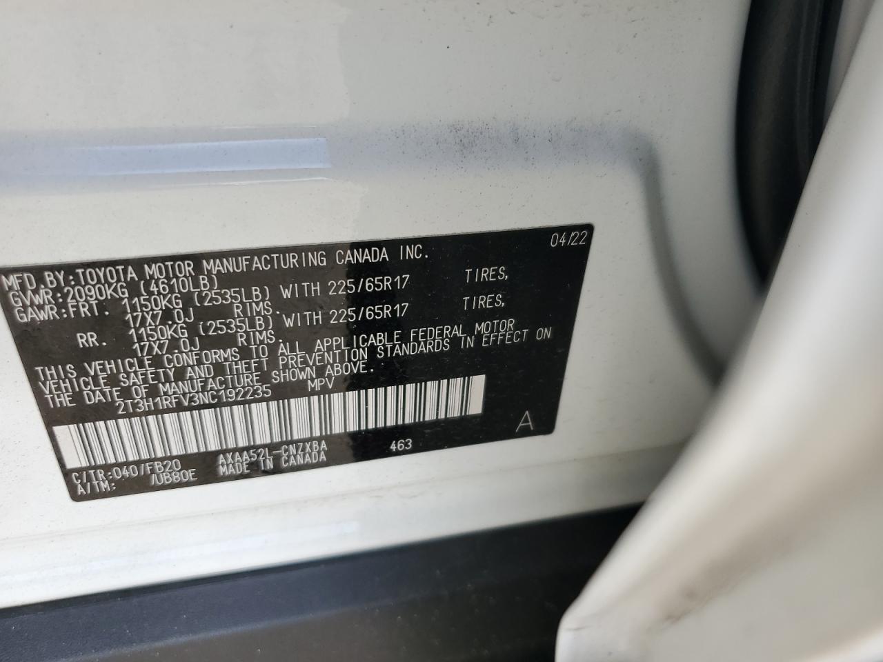 2022 TOYOTA RAV4 LE VIN:2T3H1RFV3NC192235