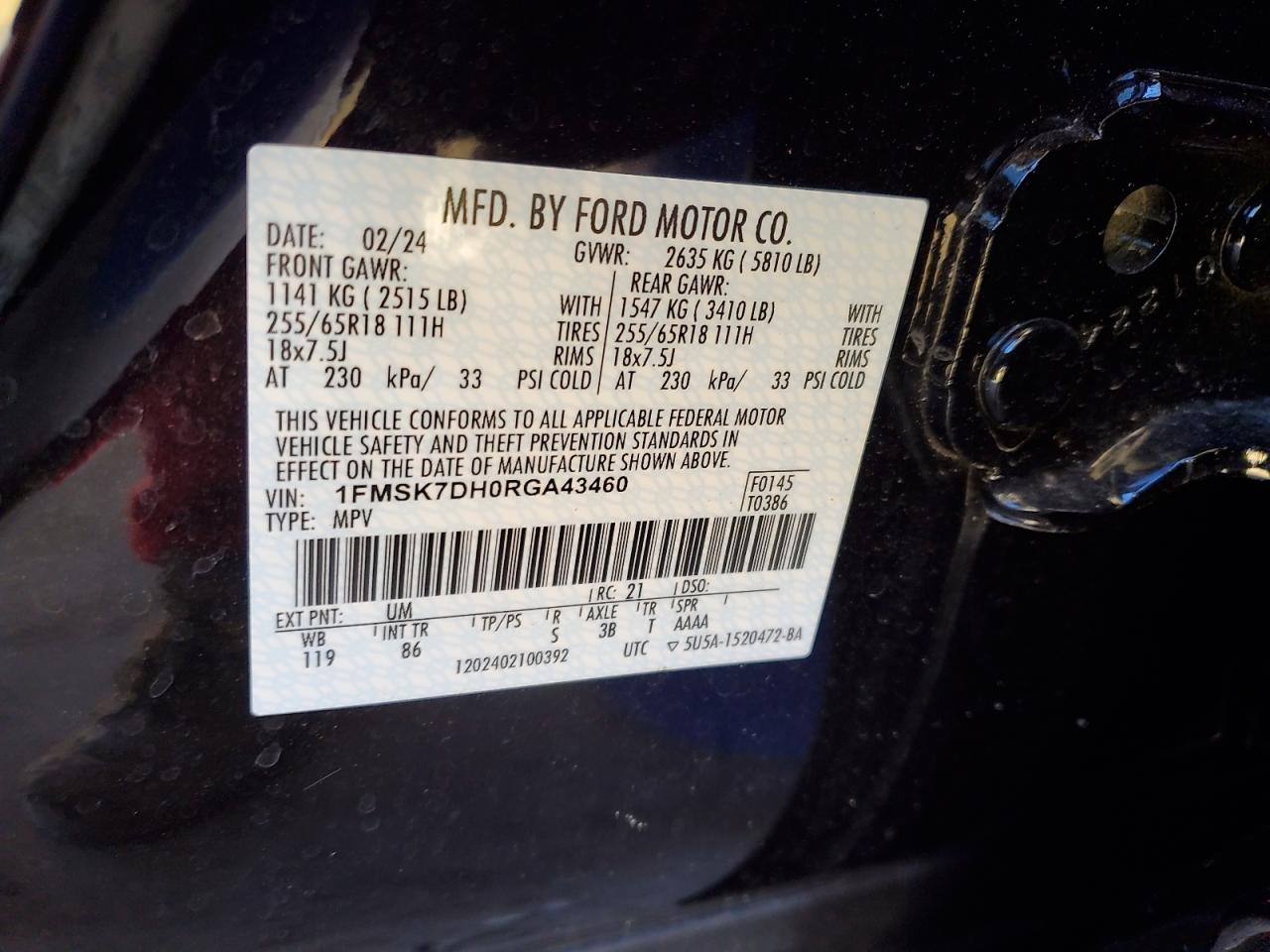 2024 FORD EXPLORER XLT VIN:1FMSK7DH0RGA43460