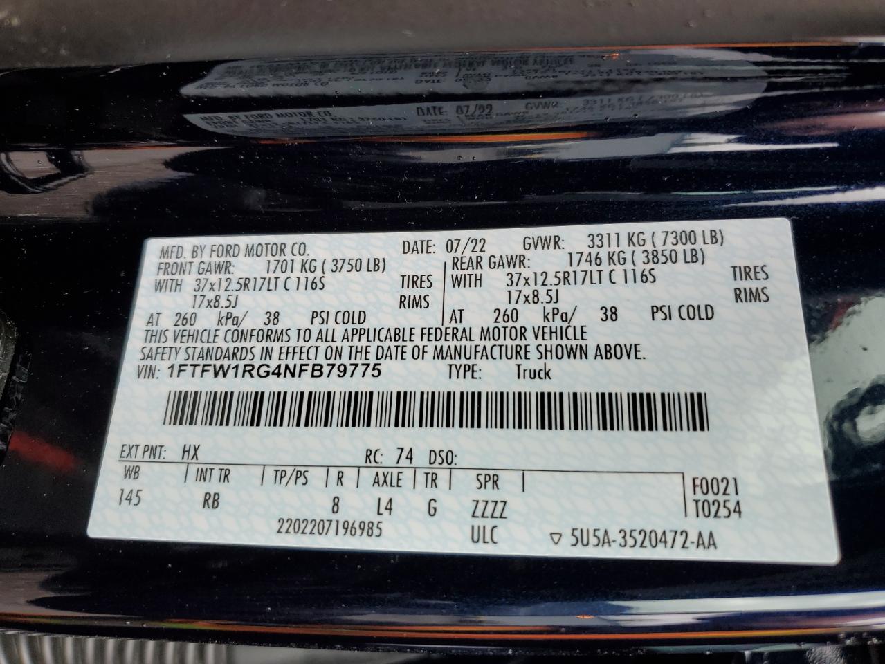 2022 FORD F150 RAPTOR VIN:1FTFW1RG4NFB79775