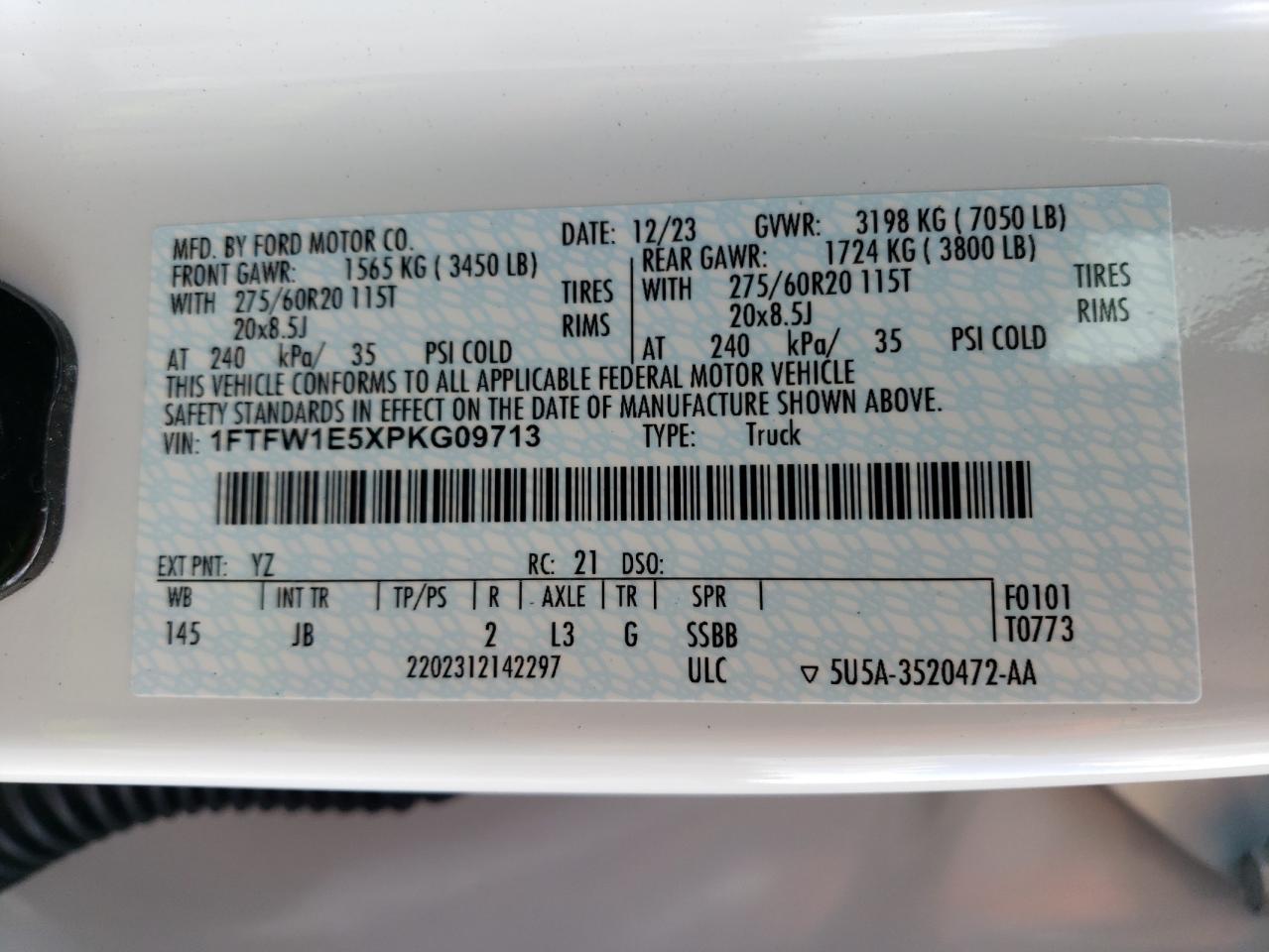 2023 FORD F150 SUPERCREW VIN:1FTFW1E5XPKG09713