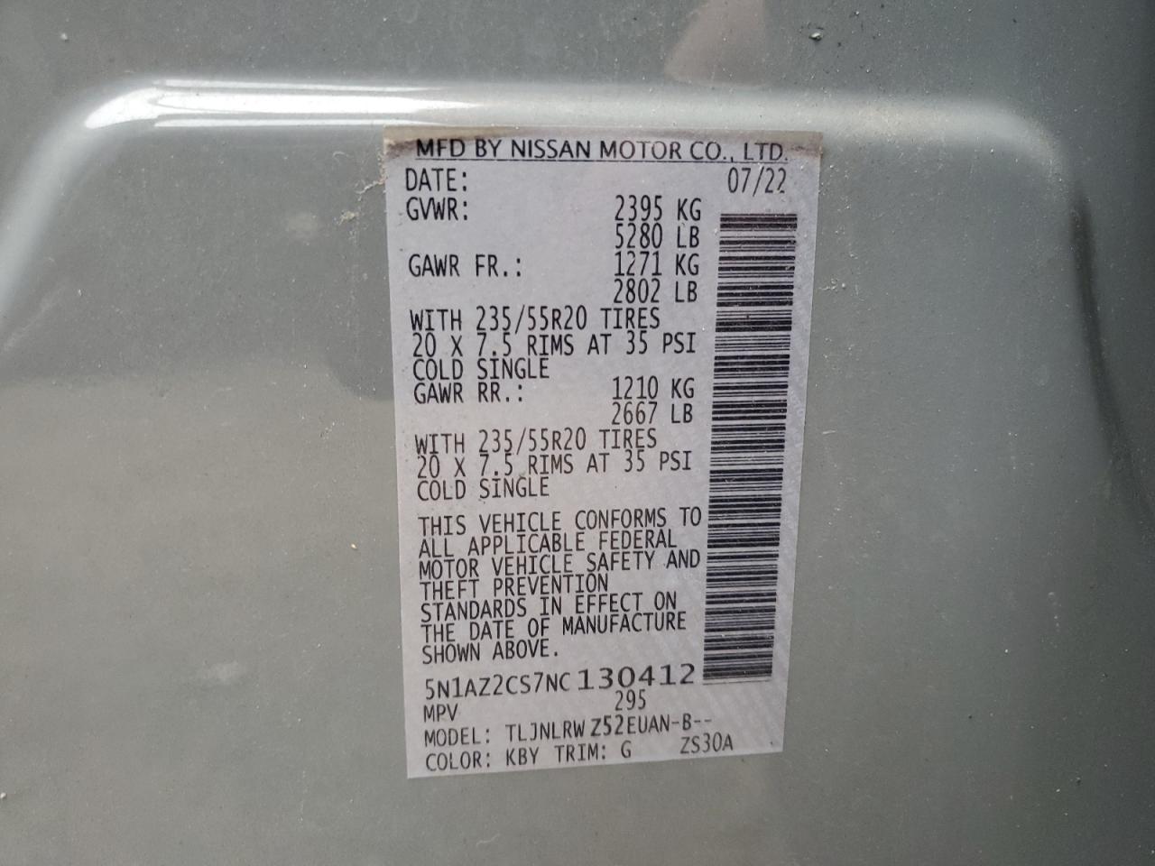 2022 NISSAN MURANO SL VIN:5N1AZ2CS7NC130412