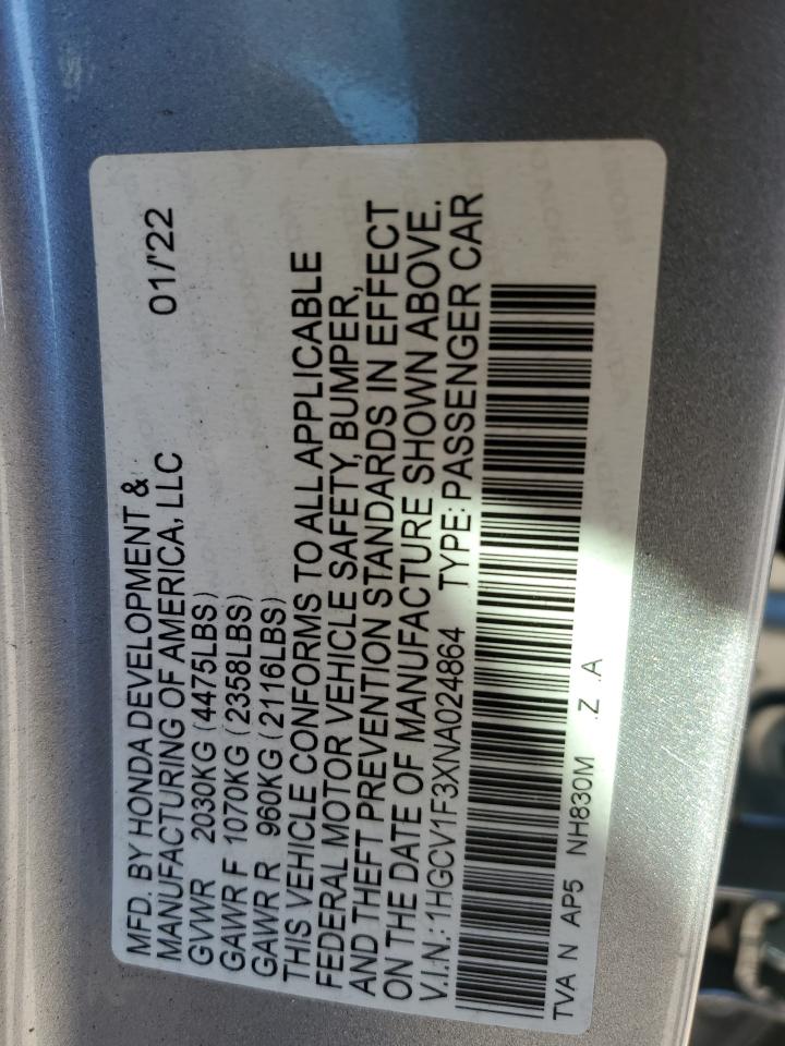 2022 HONDA ACCORD SPORT VIN:1HGCV1F3XNA024864