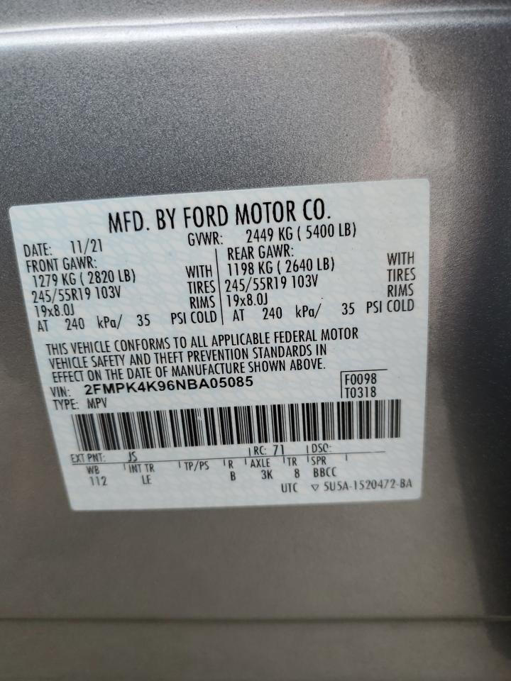 2022 FORD EDGE TITANIUM VIN:2FMPK4K96NBA05085